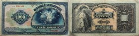 Tschechoslowakei 
1000 Korun
1932

Vs: Allegorische Figur mit Weizenbündel vor Globus, Ohne Specimen-Perforation
Rs: Mann und Frau mit Sichel und...