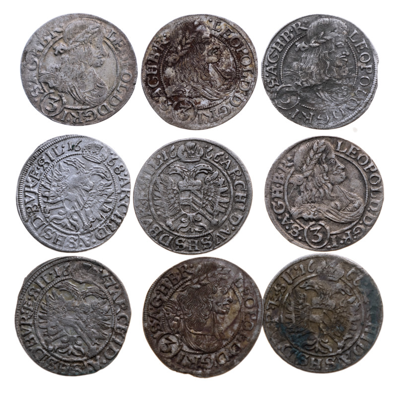 Altdeutsche Münzen: Habsburg. Leopold I., Groschen, 9 Stück, unterschiedliche Er...