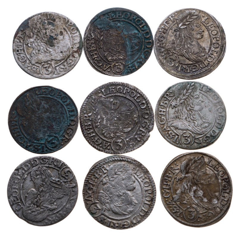 Altdeutsche Münzen: Habsburg. Leopold I, Groschen, 9 Stück, unterschiedliche Erh...