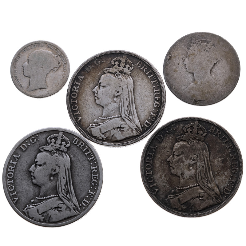 Ausländische Münzen: Grossbritannien. Victoria, Crown (3x), Shilling (1x), Flori...