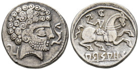 ARSAOS (Zona de Navarra). Denario. (Ar. 3,94g/18mm). 120-80 a.C. (FAB-139). Anv: Cabeza masculina barbada a derecha, delante delfín, detrás arado. Rev...