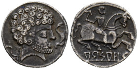 ARSAOS (Zona de Navarra). Denario. (Ar. 3,58g/18mm). 120-80 a.C. (FAB-139). Anv: Cabeza masculina barbada a derecha, delante delfín, detrás arado. Rev...