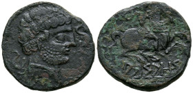 ARSAOS (Area de Navarra). As. (Ae. 8,50g/24mm). 120-80 a.C. (FAB-144). Anv: Cabeza masculina barbada a derecha, entre dos delfines. Rev: Jinete con da...