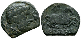 ARSAOS (Area de Navarra). As. (Ae. 6,68g/23mm). 120-80 a.C. (FAB-144). Anv: Cabeza masculina barbada a derecha, entre dos delfines. Rev: Jinete con da...