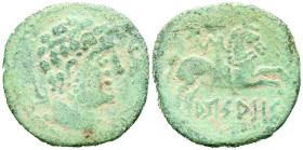 ARSAOS (Zona de Navarra). As. (Ae. 7,00g/23mm). 120-80 a.C. (FAB-144). Anv: Cabeza masculina y barbada a derecha entre dos delfines. Rev: Jinete con d...