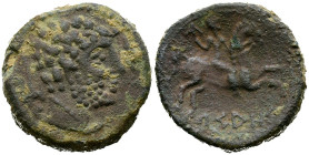 ARSAOS (Area de Navarra). As. (Ae. 12,44g/25mm). 120-80 a.C. (FAB-144). Anv: Cabeza masculina barbada a derecha, entre dos delfines. Rev: Jinete con d...