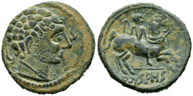 ARSAOS (Zona de Navarra). As. (Ae. 13,25g/27mm). 120-80 a.C. (FAB-145). Anv: Cabeza masculina y barbada a derecha entre dos delfines, arte degenerado....