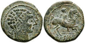 ARSAOS (Zona de Navarra). As. (Ae. 11,31g/27mm). 120-80 a.C. (FAB-145). Anv: Cabeza masculina y barbada a derecha entre dos delfines, arte degenerado....