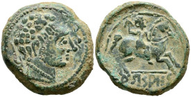 ARSAOS (Zona de Navarra). As. (Ae. 17,37g/29mm). 120-80 a.C. (FAB-145). Anv: Cabeza masculina y barbada a derecha entre dos delfines, arte degenerado....