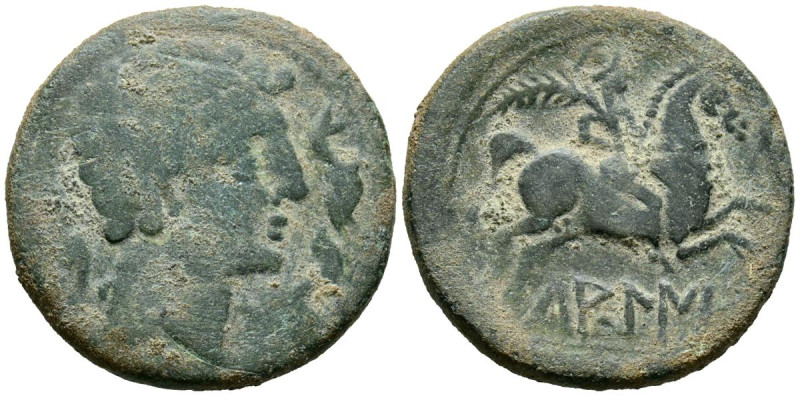 LAGINE (Zona de Aragón). As. (Ae. 9,22g/26mm). 120-20 a.C. (FAB-1656). Anv: Cabe...