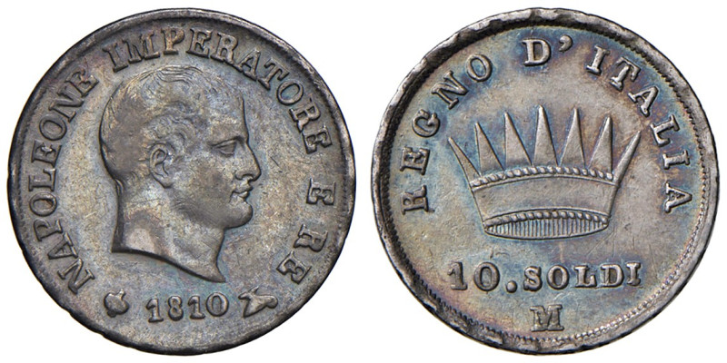 MILANO. Napoleone I, Re d'Italia (1805-1814). 10 Soldi 1810. AG (g 2,46). Gig.17...