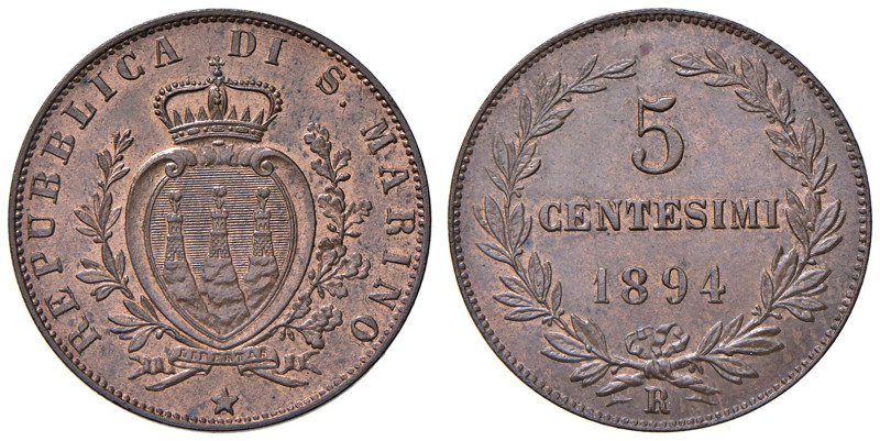 SAN MARINO. Vecchia Monetazione (1864-1938). 5 Centesimi 1894. CU (g 5,00). Gig....