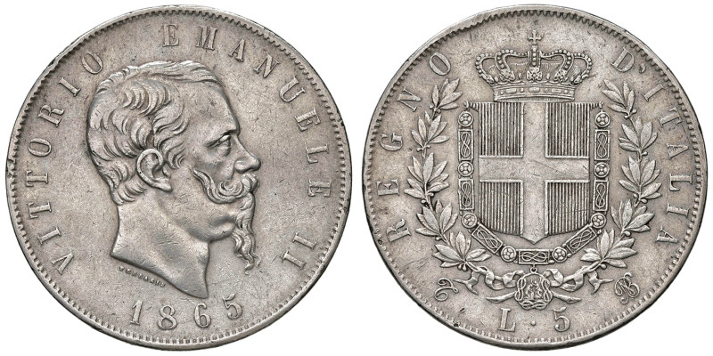 REGNO D'ITALIA. Vittorio Emanuele II (1861-1878). 5 Lire 1865 Torino. AG. Gig. 3...