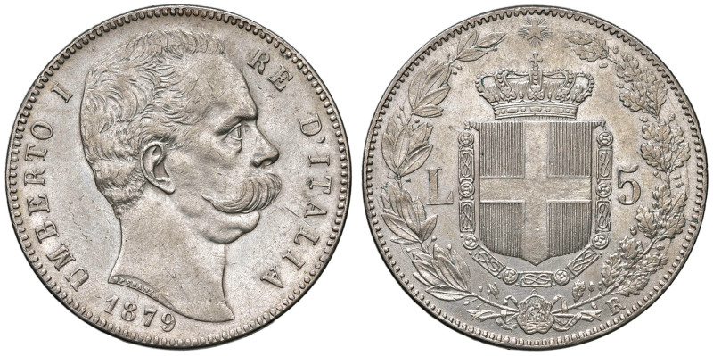 REGNO D'ITALIA. Umberto I (1878-1900). 5 Lire 1879. AG. Gig. 24. Segni nei campi...