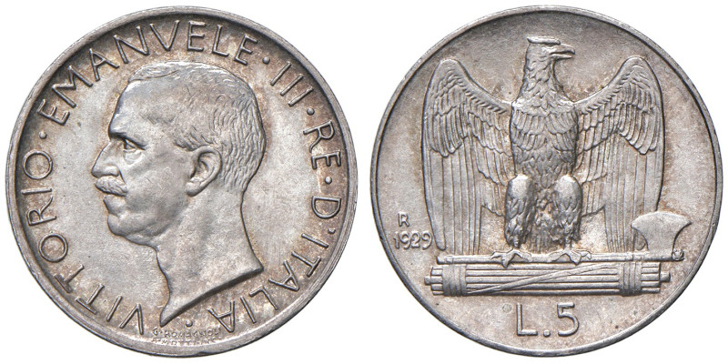 REGNO D'ITALIA. Vittorio Emanuele III (1900-1943). 5 Lire 1929 una rosetta. AG. ...