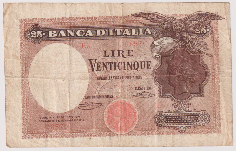 Regno d'Italia. Vittorio Emanuele III. Biglietto da 25 lire Aquila Latina 22/01/...