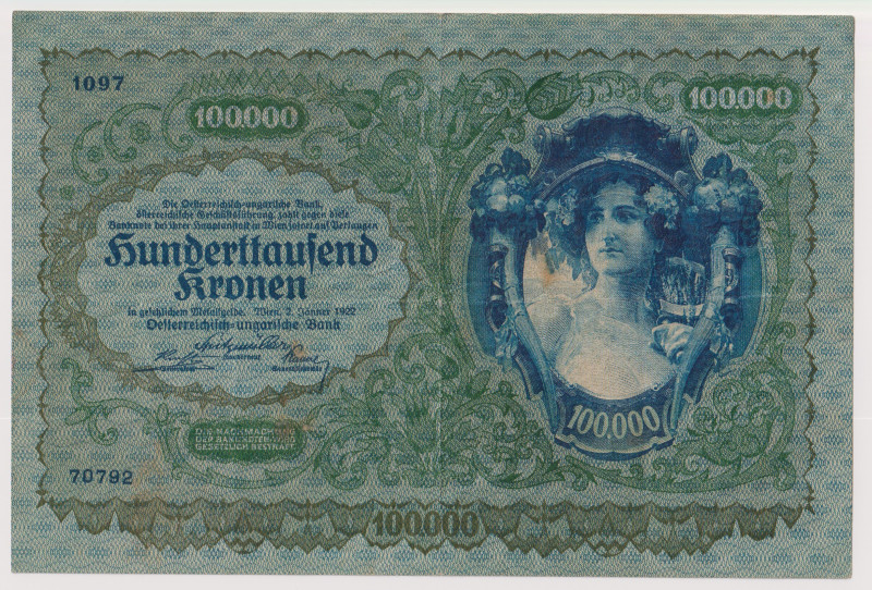 AUSTRIA. Austro-Hungarian Bank 100.000 kronen 02.01.1922 Pick 81a. Carta di buon...