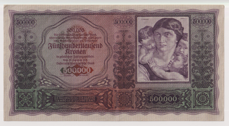 AUSTRIA. Austro-Hungarian Bank 500.000 kronen 20.09.1922 Pick 84a. Carta croccan...