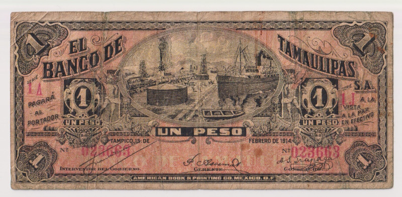 MEXICO. Banco De Tamaulipas 1 Peso 15.2.1914 Pick S436 . Diffuse pieghe centrali...