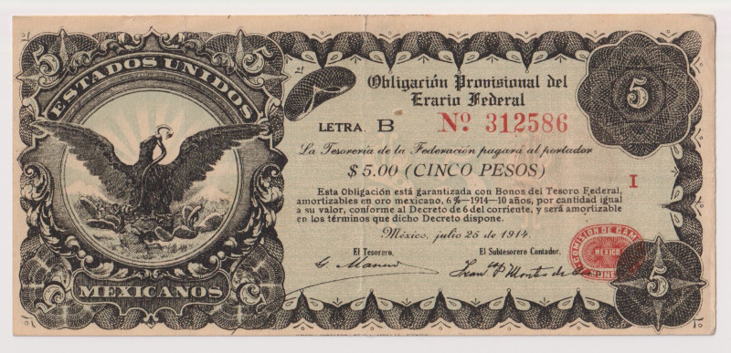 MEXICO. OBLIGACIÓN PROVISIONAL. 5 Pesos. 25 July 1914. Pick: s714. Carta di buon...