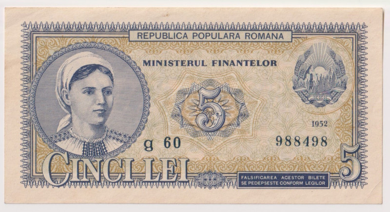 ROMANIA. Repubblica Popolare (1947-65). Ministero delle Finanze. 5 lei 1952. Ser...