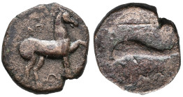 Northern Apulia, Salapia, c. 275-250 BC. Æ (18mm, 5.02g). Horse stepping r. R/ Dolphin l. HNItaly 685. Good Fine - near VF