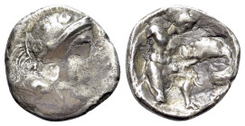 Southern Apulia, Tarentum, c. 380-325 BC. AR Diobol (11mm, 0.96g). Head of Athena to right wearing crested Attic helmet decorated with hippocamp / Her...