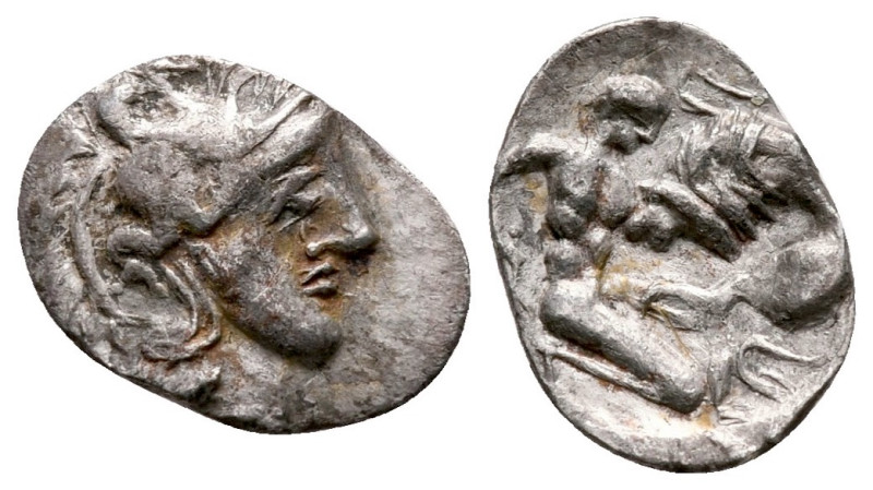 Southern Apulia, Tarentum, c. 380-325 BC. AR Diobol (10mm, 1.13g). Head of Athen...