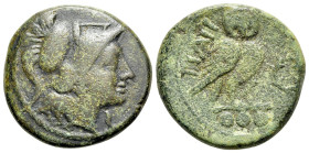 Southern Apulia, Teate, c. 225-200 BC. Æ Teruncius (20 mm, 9.05g, 11h). Helmeted head of Athena r.. R/ Owl standing r., head facing; wreath to r., thr...
