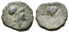 Northern Apulia, Teate, c. 225-200 BC. Æ Uncia (15mm, 2.73g, 6h). Helmeted head of Athena r. R/ Owl standing r., head facing; club to l. HNItaly 702d;...