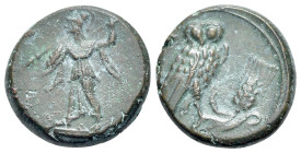 Southern Lucania, Metapontion, c. 225-200 BC. Æ (14mm, 3.10g, 10h). Athena Alkidemos advancing l., holding spear and shield. R/ Owl, head facing and w...