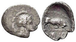 Southern Lucania, Thourioi. Circa 350-300 BC. Ar Triobol ( 13.5mm, 0.91g, 2h). Obv. Helmeted head of Athena to rght. Rev. Bull butting to right, ΘOYPI...