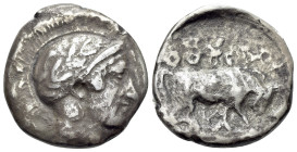 Southern Lucania, Thourioi. Circa450-400 BC. Nomos (Silver, 18.5mm, 5.90g, 4h). Obv. Head of Athena to rght, wearing laureate and crested Attic helmet...