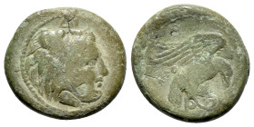 Bruttium, Kroton, c. 350-300 BC. Æ (21mm, 6.36g, 9h). Head of Herakles r., wearing lion skin; ΔI above. R/ Eagle r., alighting on snake. HNItaly 2217;...