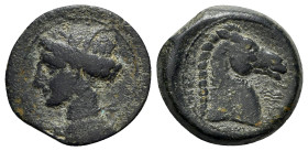 Carthaginian Domain, Sardinia, c. 264-241 BC. Æ (20mm, 4.85g, 6h). Wreathed head of Kore-Tanit l. R/ Head of horse r.; palm-tree before. Piras 21; SNG...