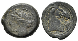 Carthaginian Domain, Sardinia, c. 264-241 BC. Æ (21mm, 5.42g, 9h). Wreathed head of Kore-Tanit l. R/ Head of horse r.; palm-tree before, pellet below....