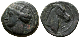 Carthaginian Domain, Sardinia, c. 300-264 BC. Æ (20mm, 5.62g). Wreathed head of Kore-Tanit l. R/ Head of horse r., letter before. Piras 44; SNG Copenh...