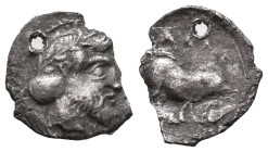 Sicily, Abakainon, c. 455-450 BC. AR Litra (12mm, 0.60g). Laureate and bearded male head r. R/ Boar standing r.; acorn to r. HGC 2, 1. Chipped and hol...