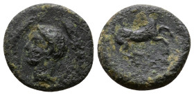 Sicily, Eryx, c. 4th century BC. Æ (15mm 1.87g). Female head l. R/ Horse galloping r. Cf. CNS I, 23.