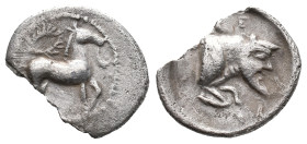 Sicily, Gela, c. 465-450 BC. AR Litra (10mm, 0.65g). Horse advancing r.; wreath above. R/ Forepart of man-headed bull r. Jenkins, Gela, Group III; HGC...