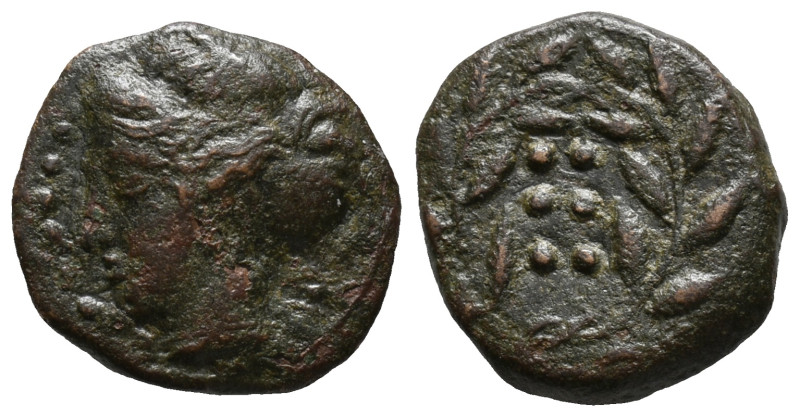 Sicily, Himera, c. 420-407 BC. Æ Hemilitron (15mm, 2.64g). Head of nymph l.; six...