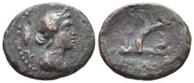 Sicily, Kentoripai, c. 2nd century BC. Æ Hexas (15mm, 2.99g). Draped bust of Persephone r., grain ear in hair; stalk of grain behind. R/ Plow with a s...