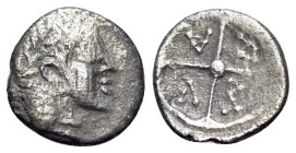 Sicily, Syracuse, c. 470 BC. AR Litra (9mm, 0.77g 12h). Head of Arethusa right R/ Wheel with four spokes; Σ-Y-R-A between. SNG ANS 124-6; HGC 2, 1372....