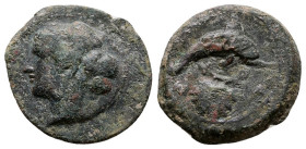 Sicily, Syracuse. Dionysios I (405-367 BC). Æ Hemilitron (16mm, 3.33g). Head of Arethusa l., hair bound in ampyx and sphendone. R/ Dolphin swimming r....