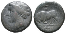 Sicily, Syracuse. Agathokles (317-289 BC). Æ Hemilitron (18mm, 6.41g). c. 317-310. Head of Kore l., wearing wreath of grain ears. R/ Bull butting l.; ...