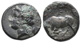 Sicily, Syracuse. Agathokles (317-289 BC). Æ (13mm, 3,13g). c. 317-310. Head of Arethusa l. R/ Bull butting l.; monogram above. CNS II, 110; HGC 2, 14...