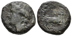 Sicily, Syracuse. Hiketas II (287-278 BC). Æ (18mm, 6.48g), c. 287-283. Wreathed head of Kore l. R/ Charioteer driving biga r. HGC 2, 1446. Fine