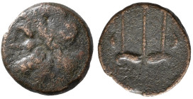 Sicily, Syracuse. Hieron II (275-215 BC). Æ (19mm, 5.61g). Head of Poseidon l., wearing tainia. R/ Ornamented trident head flanked by two dolphins. CN...