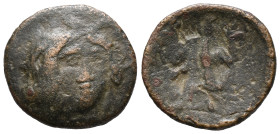 Macedon, Amphipolis, c. 148-32/1 BC. Æ (19mm, 5.46g). Facing winged gorgoneion. R/ Athena standing l., holding Nike, spear and shield. SNG ANS 147; SN...