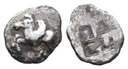 Macedon, Argilos, c. 470-460 BC. AR Hemiobol (7mm, 0.37g). Winged Pegasos l. R/ Quadripartite incuse square. Cf. Liampi 118a; SNG ANS -; SNG Copenhage...
